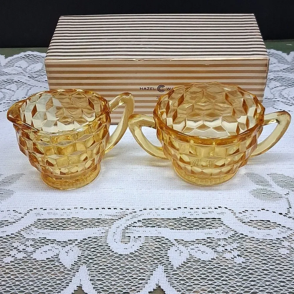 Vintage amber glass creamer and sugar set‎ -cubist depression glass